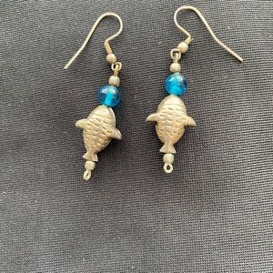 Vintage 80’s Silver-tone Blue Bead Fish dangle earrin…